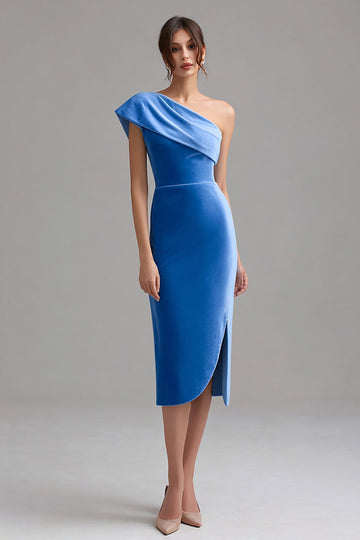 Blue One Shoulder Bodycon Velvet Semi-Formal Dress With Slit